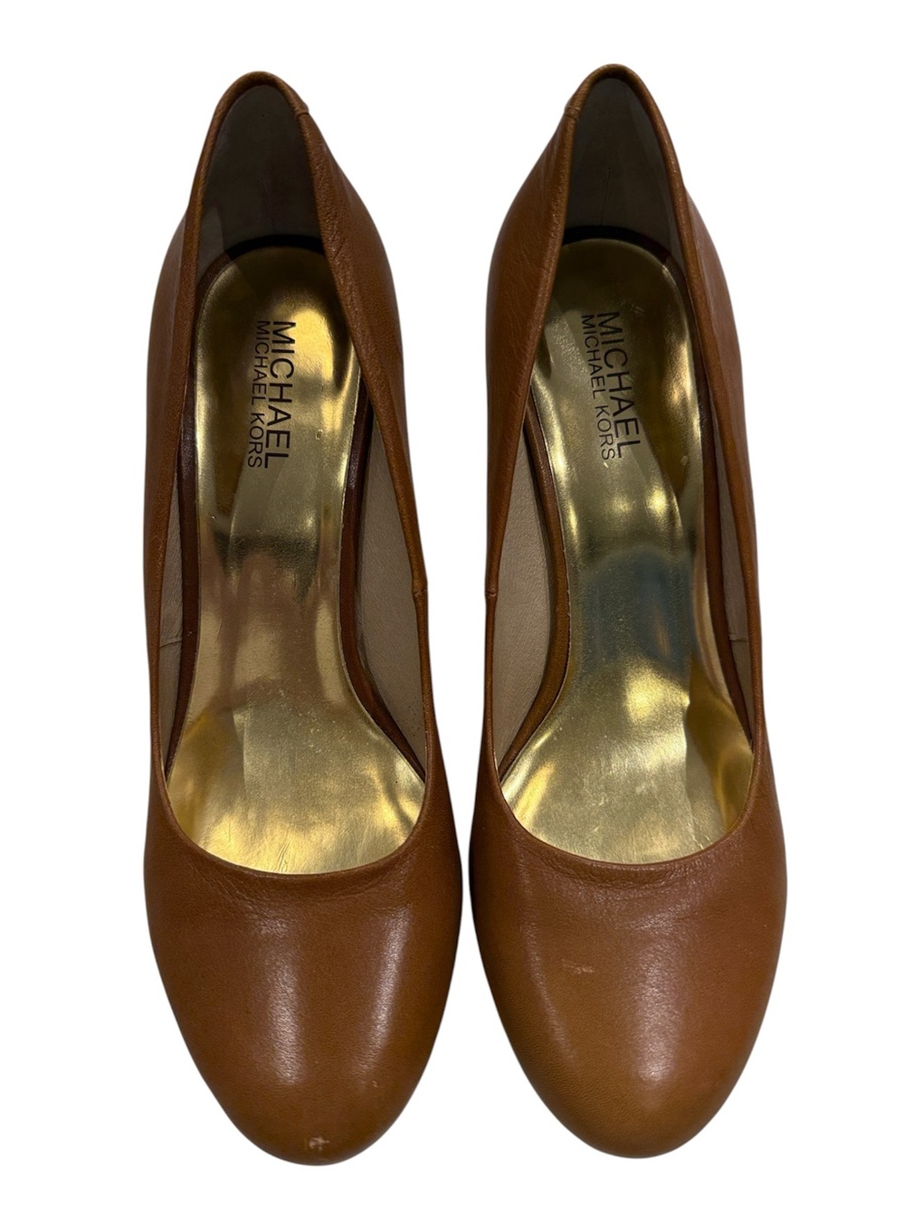 Michael Kors Tan Leather Round-Toe Pumps with Gold platform